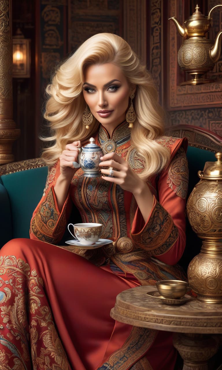  Visual art of a place where inventions and adventures feel, a very detailed and deep portrayal. A blonde in ethnic attire sips tea. Use only three colors and their shades. hyperrealistic, full body, detailed clothing, highly detailed, cinematic lighting, stunningly beautiful, intricate, sharp focus, f/1. 8, 85mm, (centered image composition), (professionally color graded), ((bright soft diffused light)), volumetric fog, trending on instagram, trending on tumblr, HDR 4K, 8K