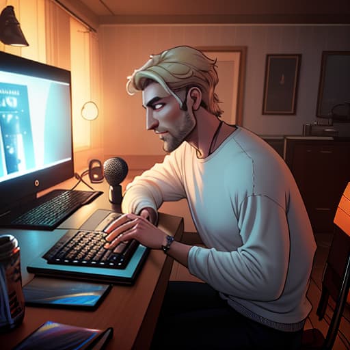  a fair guy with light hair sits late and writes a song at home, in a room, there is a microphone and a laptop on the table, a view from the back, a neon lamp on the right on the table hyperrealistic, full body, detailed clothing, highly detailed, cinematic lighting, stunningly beautiful, intricate, sharp focus, f/1. 8, 85mm, (centered image composition), (professionally color graded), ((bright soft diffused light)), volumetric fog, trending on instagram, trending on tumblr, HDR 4K, 8K