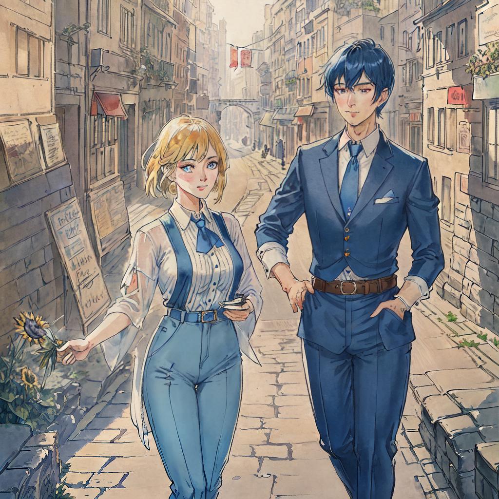  ((masterpiece)), (((best quality))), 8k, high detailed, ultra-detailed. Annasophia Robb lookalike with blue eyes, short messy blue pixie haircut, freckles, wearing a tailored button-up shirt, tie, fitted suspender pants, standing on a cobblestone street, in front of a charming cafe, holding a bouquet of vibrant sunflowers, with a vintage bicycle parked nearby. hyperrealistic, full body, detailed clothing, highly detailed, cinematic lighting, stunningly beautiful, intricate, sharp focus, f/1. 8, 85mm, (centered image composition), (professionally color graded), ((bright soft diffused light)), volumetric fog, trending on instagram, trending on tumblr, HDR 4K, 8K