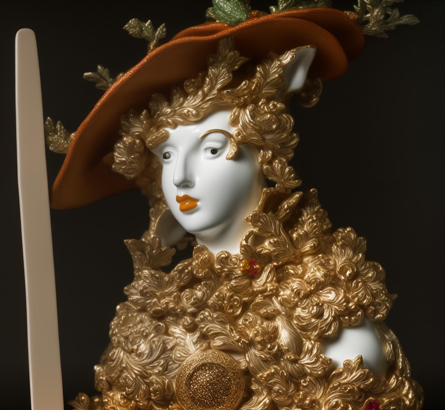  PHOTOGRAPH of a bright, Colorful and Shiny (((Meissen Porcelain deer))) with a (((GLITTERY HAT))), (((curly sculptural Porcelain hair))) looking at the viewer, on a black background, Stunning Masterpiece, Wide angle, 3:2 aspect radio, with perfect expression and facial structure, LARGE EYES, in the style of FRAGONARD, ultra sharp focus, 8k, big dark eyes, closed mouth, (((45 degree light))),  hyperrealistic, full body, detailed clothing, highly detailed, cinematic lighting, stunningly beautiful, intricate, sharp focus, f/1. 8, 85mm, (centered image composition), (professionally color graded), ((bright soft diffused light)), volumetric fog, trending on instagram, trending on tumblr, HDR 4K, 8K