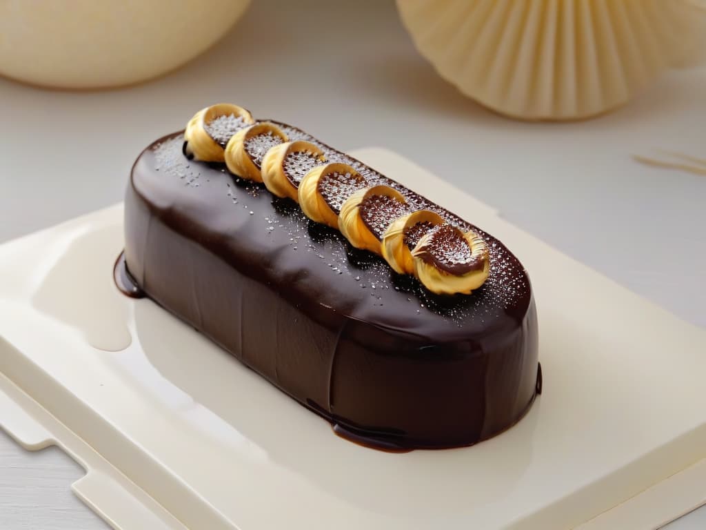  A closeup, highresolution image of a delicate, perfectly crafted éclair, showcasing its glossy chocolate glaze, intricate piped cream filling, and a dusting of gold flakes on top. The minimalistic shot focuses on the elegant curves and details of the pastry, emphasizing its sophistication and artistry in pastrymaking inspired by Gastón Lenôtre. hyperrealistic, full body, detailed clothing, highly detailed, cinematic lighting, stunningly beautiful, intricate, sharp focus, f/1. 8, 85mm, (centered image composition), (professionally color graded), ((bright soft diffused light)), volumetric fog, trending on instagram, trending on tumblr, HDR 4K, 8K