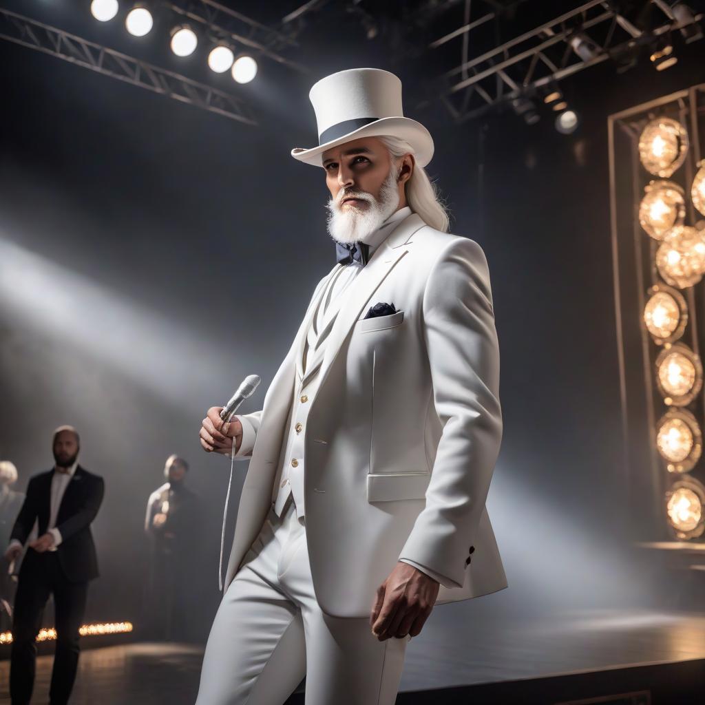  A young man in a white suit and top hat, with clean white hair and beard. He steps onto the stage and promotes the VTT brand. hyperrealistic, full body, detailed clothing, highly detailed, cinematic lighting, stunningly beautiful, intricate, sharp focus, f/1. 8, 85mm, (centered image composition), (professionally color graded), ((bright soft diffused light)), volumetric fog, trending on instagram, trending on tumblr, HDR 4K, 8K