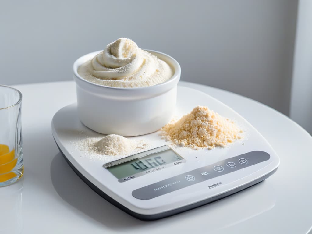  A closeup, ultradetailed image of a sleek, modern digital kitchen scale displaying precise measurements of flour and sugar in grams, set against a clean, white marble countertop with soft natural lighting enhancing the minimalist aesthetic. The scale's sleek design and the precise alignment of ingredients convey a sense of accuracy and professionalism, perfectly complementing the theme of precision in baking. hyperrealistic, full body, detailed clothing, highly detailed, cinematic lighting, stunningly beautiful, intricate, sharp focus, f/1. 8, 85mm, (centered image composition), (professionally color graded), ((bright soft diffused light)), volumetric fog, trending on instagram, trending on tumblr, HDR 4K, 8K