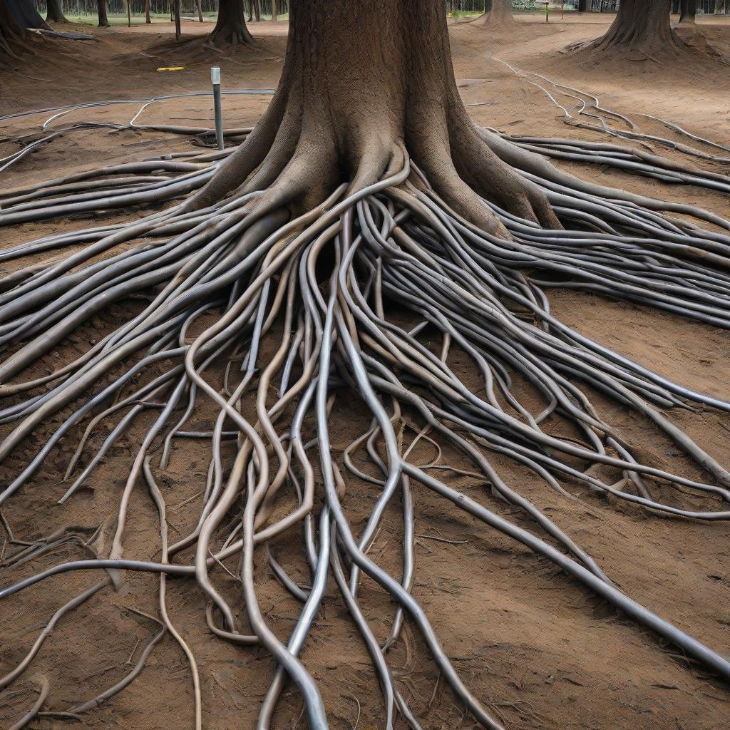  Masterpiece, best quality, draw a stick figure, there are trees on the ground, there are roots under the ground, there are three groups of cables running through the roots, but each group of cables runs through a section of steel pipe first, and the steel pipe runs through the roots.