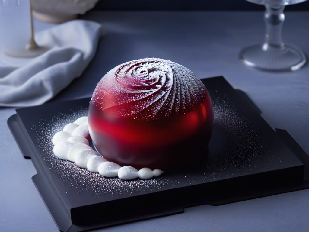  A closeup, ultradetailed image of a delicate, spherical dessert encapsulated in a thin, transparent sugar shell, resting on a sleek, matte black plate. The dessert is a vibrant crimson red, showcasing a glossy finish that reflects the surrounding light with precision. The sugar shell shimmers subtly under the soft, focused lighting, highlighting the intricate patterns delicately etched on its surface. The background is a subtle gradient that transitions from a deep indigo to a muted lavender, enhancing the dessert's visual impact and embodying the essence of molecular pastry innovation. hyperrealistic, full body, detailed clothing, highly detailed, cinematic lighting, stunningly beautiful, intricate, sharp focus, f/1. 8, 85mm, (centered image composition), (professionally color graded), ((bright soft diffused light)), volumetric fog, trending on instagram, trending on tumblr, HDR 4K, 8K