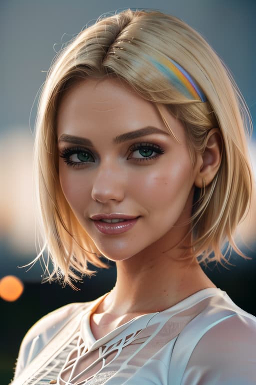  1girl,1girl,blonde short hair,straight hair,upper body shot,shirt,smile hyperrealistic, full body, detailed clothing, highly detailed, cinematic lighting, stunningly beautiful, intricate, sharp focus, f/1. 8, 85mm, (centered image composition), (professionally color graded), ((bright soft diffused light)), volumetric fog, trending on instagram, trending on tumblr, HDR 4K, 8K