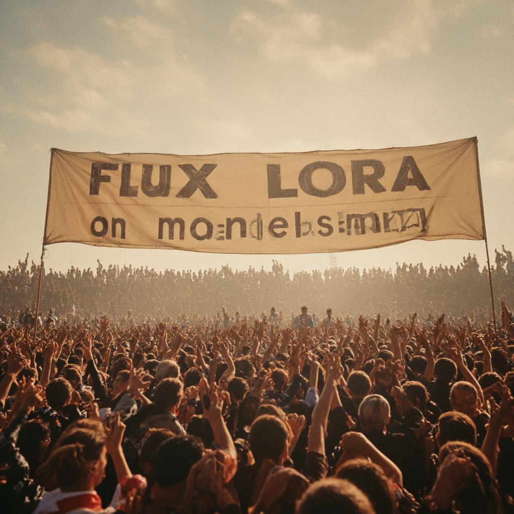  vintage style, a huge crowd cheering at a huge banner, banner contains the text 'flux lora on modelslab'.