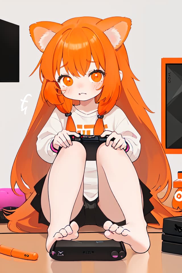  Dog girl with long hair and sagging ears loves to play games,Her shy face is so cute,gamer,playstation,orange hair