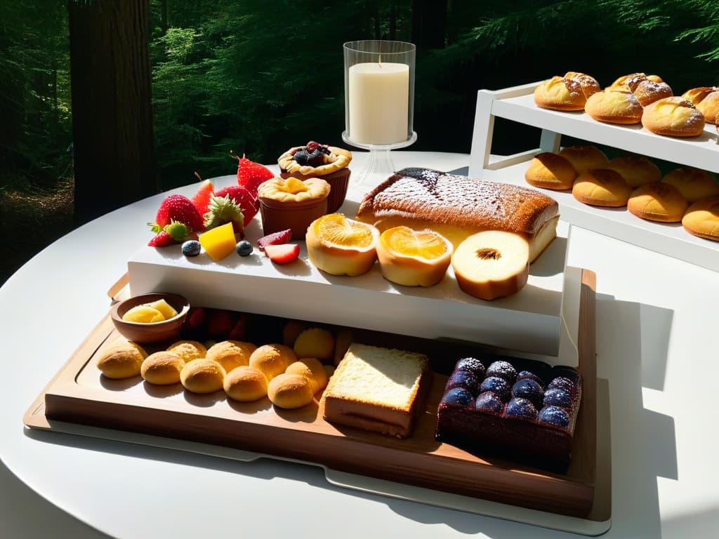  A serene and minimalist image of a rustic wooden table set against a backdrop of a tranquil forest, with soft natural light filtering through the trees, casting gentle shadows on the table. On the table, there is an assortment of beautifully crafted pastries and baked goods, delicately arranged on simple, elegant platters and dishes. The scene exudes a sense of calm and inspiration, inviting viewers to imagine themselves in a peaceful retreat focused on the art of pastrymaking. hyperrealistic, full body, detailed clothing, highly detailed, cinematic lighting, stunningly beautiful, intricate, sharp focus, f/1. 8, 85mm, (centered image composition), (professionally color graded), ((bright soft diffused light)), volumetric fog, trending on instagram, trending on tumblr, HDR 4K, 8K