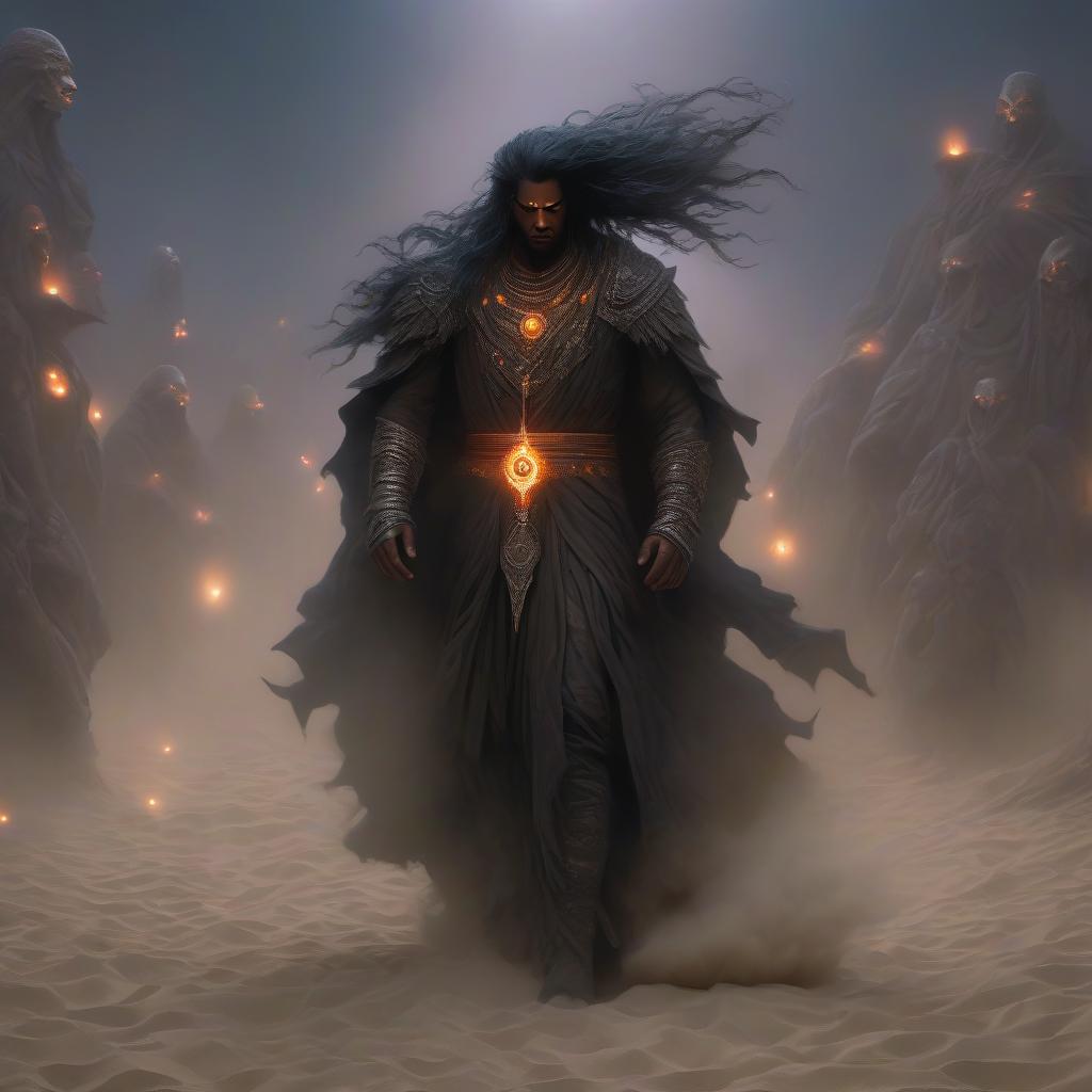  horror themed Darkness god, the lord of the desert, a black man with long black hair floats over sands in the beams of a sunset, dusty storm, mystery. . eerie, unsettling, dark, spooky, suspenseful, grim, highly detailed hyperrealistic, full body, detailed clothing, highly detailed, cinematic lighting, stunningly beautiful, intricate, sharp focus, f/1. 8, 85mm, (centered image composition), (professionally color graded), ((bright soft diffused light)), volumetric fog, trending on instagram, trending on tumblr, HDR 4K, 8K