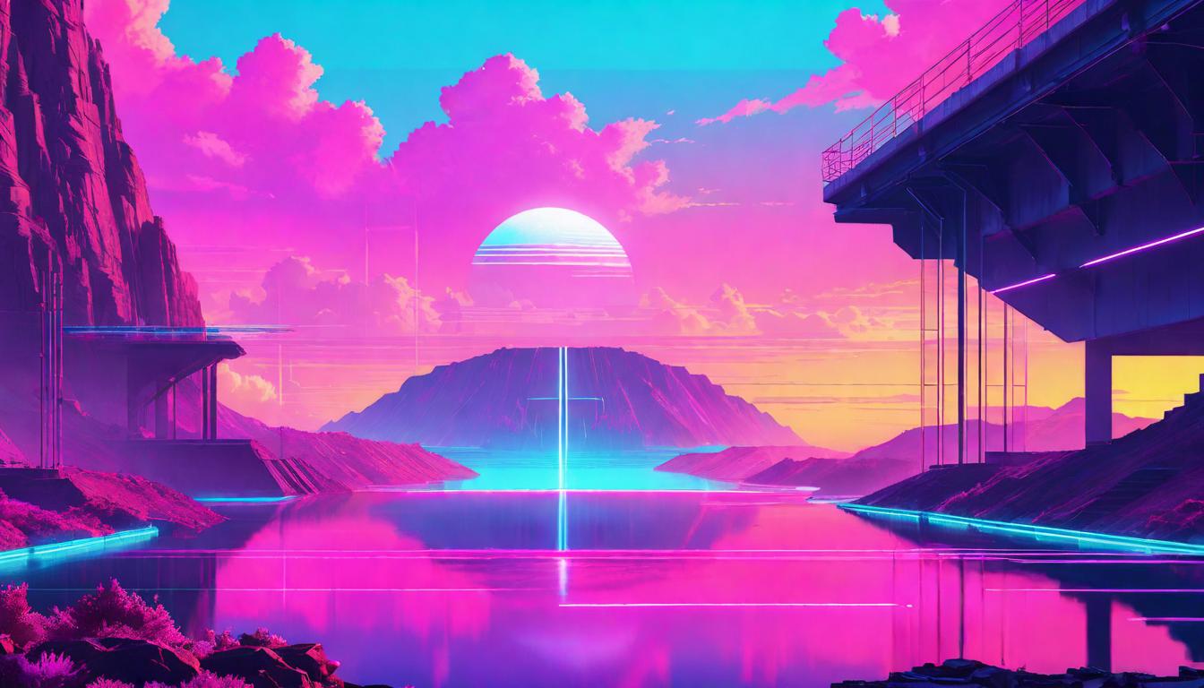  vaporwave,cyberpunk game style A crystal clear reservoir, guarded by a dam, reflecting the calming twilight sky. Reserved energy, Protection of resources, Tranquility in reserve, Calm and collected.eon, dystopian, futuristic, digital, vibrant, detailed, high contrast, reminiscent of cyberpunk genre video games,retro aesthetic, cyberpunk, vibrant, neon colors, vintage 80s and 90s style, highly detailed