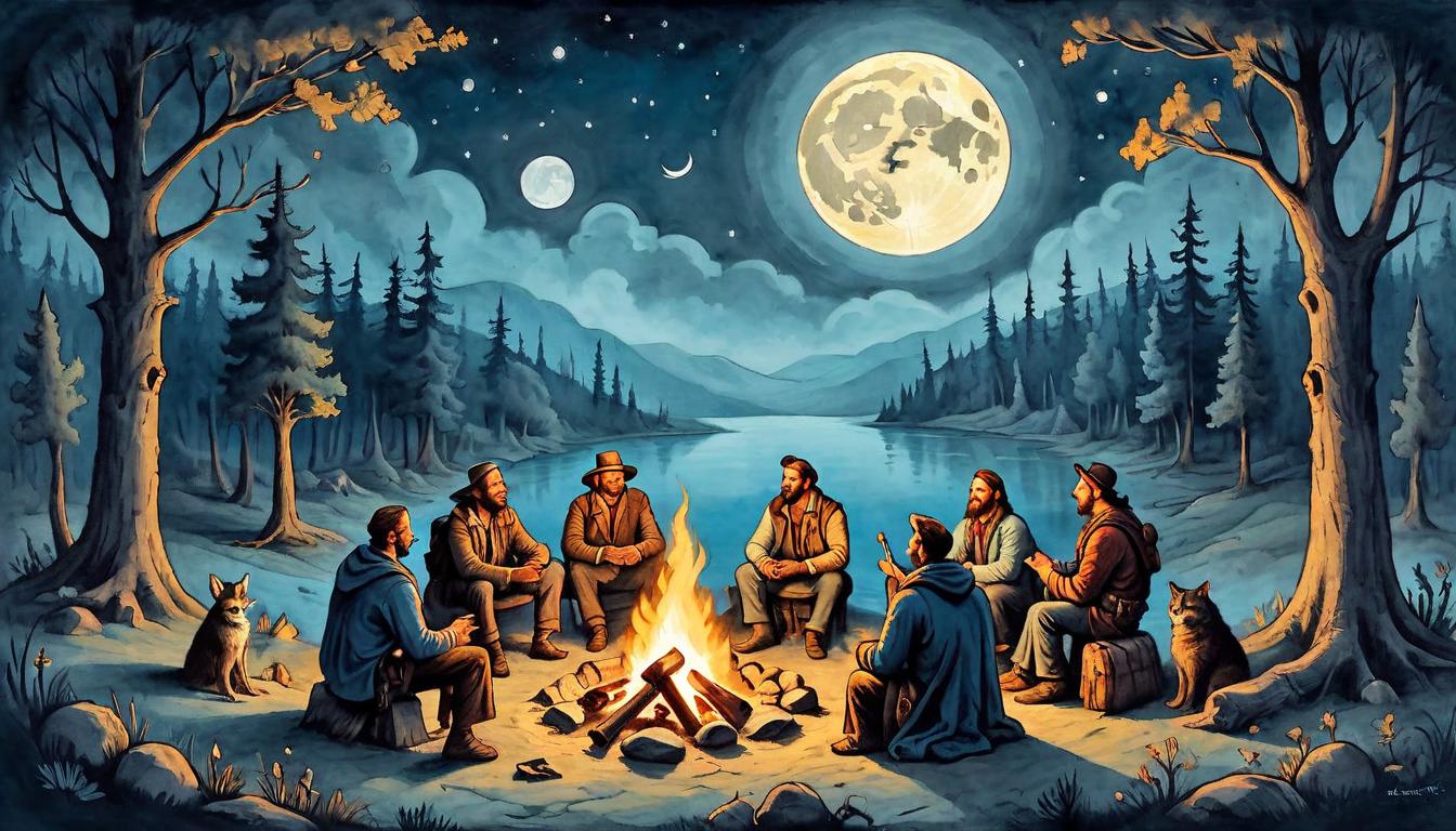  on parchment, surrealism+++, A group of travelers sitting around a campfire under a luminous full moon, sharing stories and wisdom, community, growth, connection(mysterious, provocative, symbolic,muted color)+++