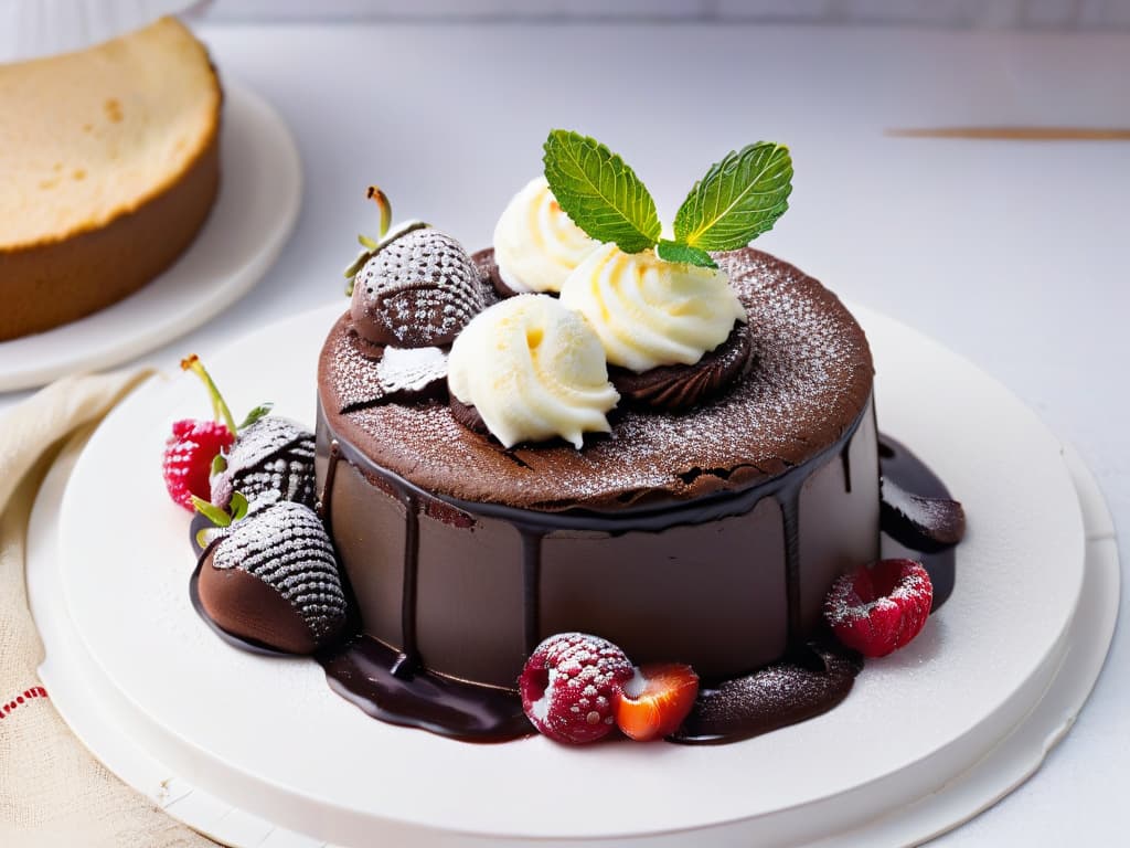  A closeup, ultradetailed image of a decadent chocolate lava cake topped with a scoop of creamy vanilla ice cream, drizzled with a rich dark chocolate ganache, and garnished with fresh raspberries and mint leaves. The glossy sheen of the cake, the velvety texture of the ice cream, and the vibrant colors of the berries and herbs create a visually striking composition that exudes elegance and indulgence. hyperrealistic, full body, detailed clothing, highly detailed, cinematic lighting, stunningly beautiful, intricate, sharp focus, f/1. 8, 85mm, (centered image composition), (professionally color graded), ((bright soft diffused light)), volumetric fog, trending on instagram, trending on tumblr, HDR 4K, 8K