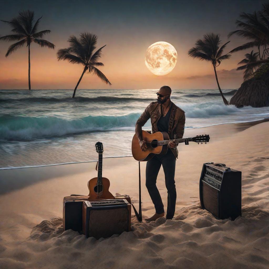  Una noche en una playa del Caribe con la luna llena color negro y un hombre con una guitarra durmiendo debajo de una palmera hyperrealistic, full body, detailed clothing, highly detailed, cinematic lighting, stunningly beautiful, intricate, sharp focus, f/1. 8, 85mm, (centered image composition), (professionally color graded), ((bright soft diffused light)), volumetric fog, trending on instagram, trending on tumblr, HDR 4K, 8K