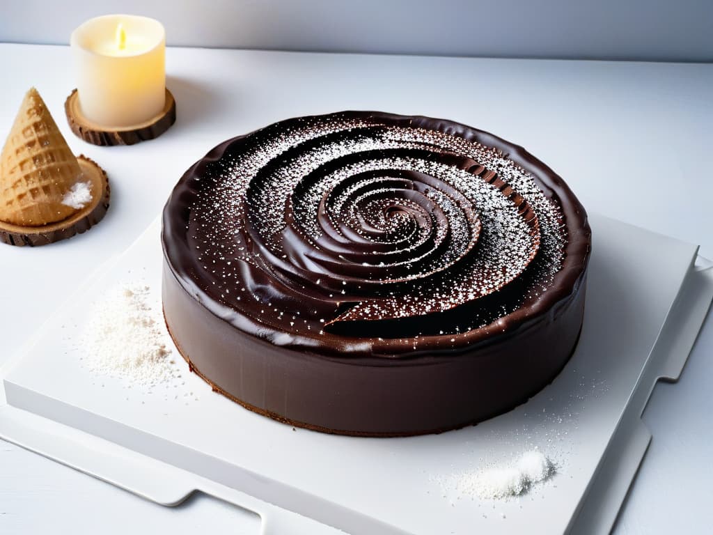  A closeup, ultradetailed image of a decadent chocolate caramel tart topped with flakes of sea salt, presented on a sleek, minimalist white plate. The glossy chocolate ganache glistens under soft lighting, showcasing intricate swirls and a perfectly smooth surface. Each delicate flake of salt is meticulously placed, providing a striking contrast against the rich, dark chocolate. The image captures every minute detail, from the fine texture of the tart crust to the subtle sheen on the caramel filling, evoking a sense of luxury and sophistication. hyperrealistic, full body, detailed clothing, highly detailed, cinematic lighting, stunningly beautiful, intricate, sharp focus, f/1. 8, 85mm, (centered image composition), (professionally color graded), ((bright soft diffused light)), volumetric fog, trending on instagram, trending on tumblr, HDR 4K, 8K