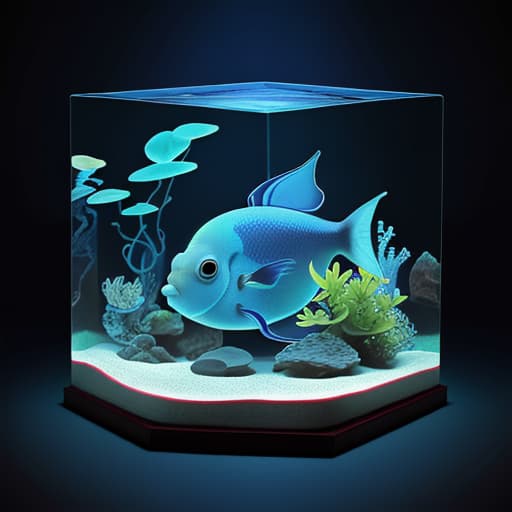  3D render of a cute tropical fish in an aquarium on a dark blue background, digital art