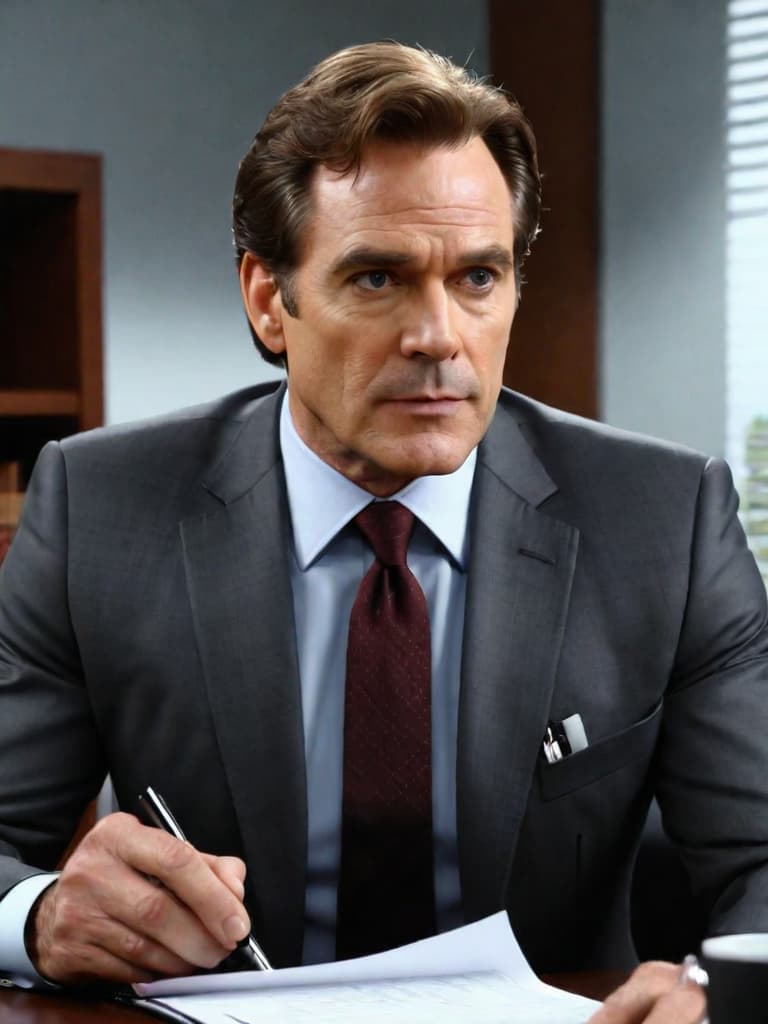  3D rendering of Dr. James Wilson from the TV series 'House M.D.'. The character resembles actor Robert Sean Leonard, with his clean cut appearance, kind eyes, and professional demeanor. He is wearing a suit with a dress shirt and tie, looking composed and thoughtful. The scene is set in his office, with bookshelves, medical certificates on the wall, and a comfortable chair. Dr. Wilson is holding a medical chart and has a warm, empathetic expression on his face. hyperrealistic, full body, detailed clothing, highly detailed, cinematic lighting, stunningly beautiful, intricate, sharp focus, f/1. 8, 85mm, (centered image composition), (professionally color graded), ((bright soft diffused light)), volumetric fog, trending on instagram, trending on tumblr, HDR 4K, 8K