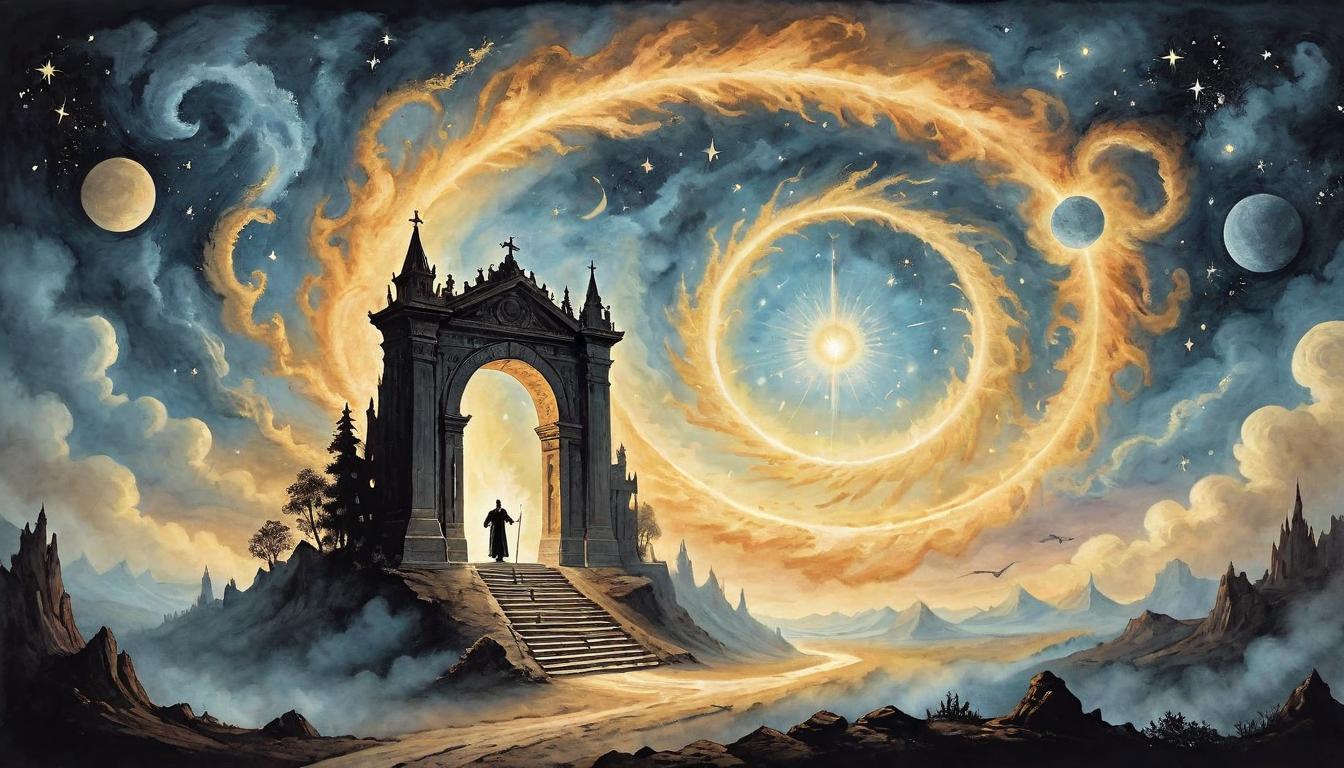  on parchment, surrealism+++, A vortex of celestial fire and light ascending into the heavens, parting the night sky as a figure is silhouetted against the gateway to eternity, transcendental testament to immortal essence(mysterious, provocative, symbolic,muted color)+++