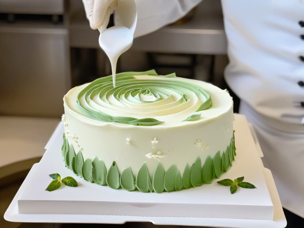  A closeup, ultradetailed image of a skilled pastry chef delicately piping intricate designs on a beautifully decorated cake in a sleek, modern bakery setting. The focus is on the precision of the chef's hands as they create artful swirls and patterns with precision, showcasing the craftsmanship and artistry involved in pastry making. The background is a soft blur of a clean, minimalist bakery kitchen, emphasizing the elegance and sophistication of the pastry artistry being highlighted in the image. hyperrealistic, full body, detailed clothing, highly detailed, cinematic lighting, stunningly beautiful, intricate, sharp focus, f/1. 8, 85mm, (centered image composition), (professionally color graded), ((bright soft diffused light)), volumetric fog, trending on instagram, trending on tumblr, HDR 4K, 8K