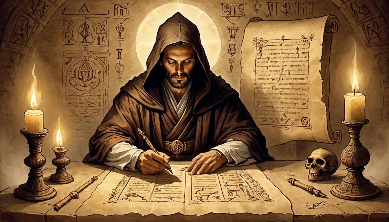  on parchment, surrealism+++, A robed figure studying an ancient scroll illuminated by candlelight, symbols and glyphs glowing softly, scholarly, contemplative, mystical(mysterious, provocative, symbolic,muted color)+++