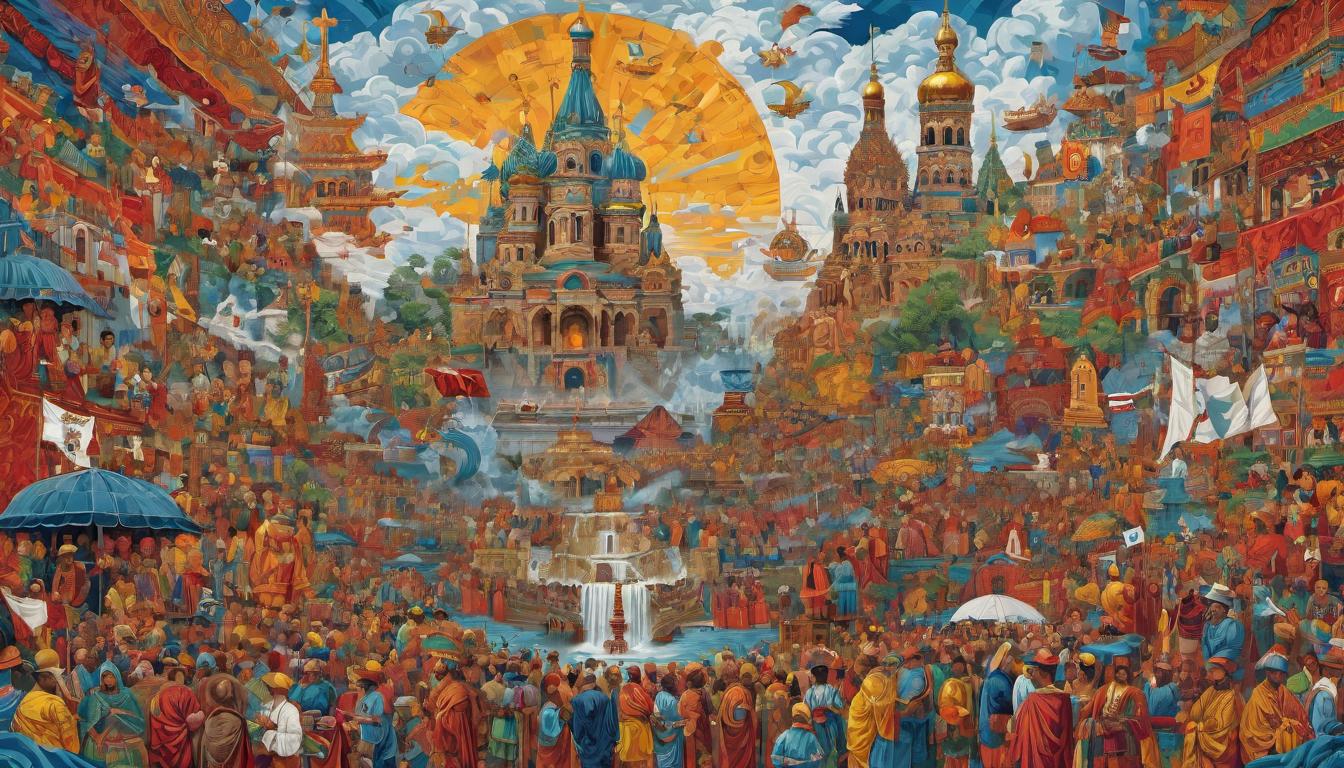  digital painting of A tapestry of human faces and iconic landmarks from various epochs, intertwined with political symbols and era defining artifacts. Social fabric, interconnectedness, influence and response, detailed, dynamic looking at viewer, dynamic pose, (intricate details, masterpiece, best quality)