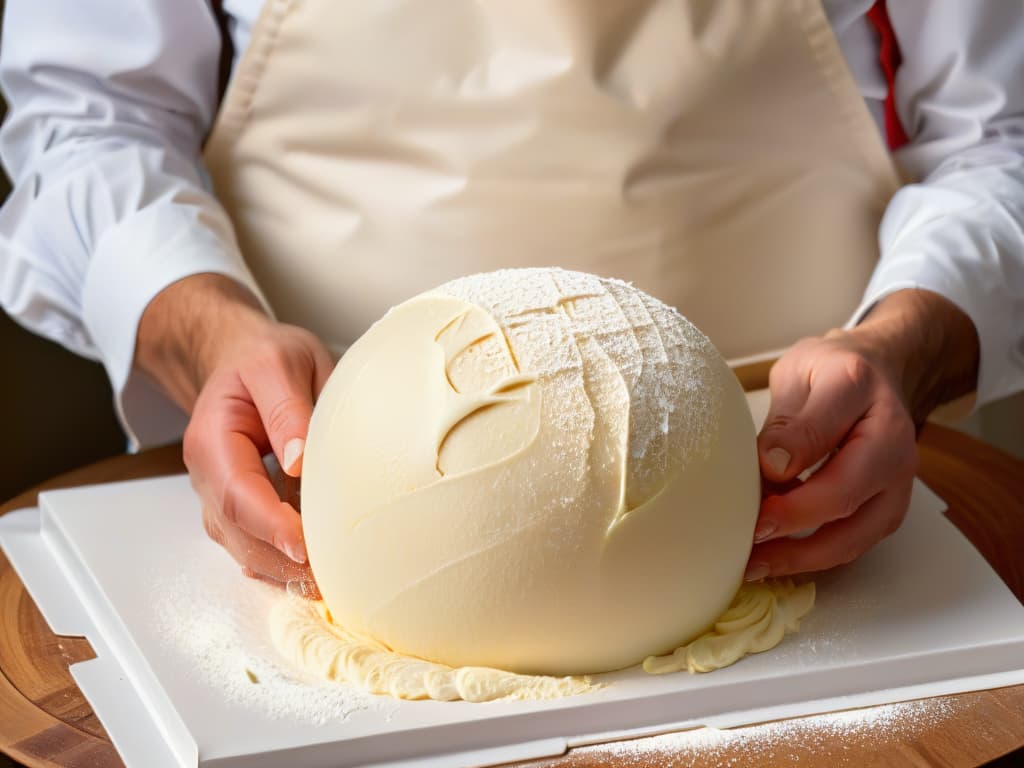  An ultradetailed closeup image of a baker's hands gently kneading a ball of dough, showcasing the elasticity and texture of gluten strands stretching and forming in intricate patterns. The hands are adorned with a sprinkle of flour, adding a touch of authenticity and craftsmanship to the scene. The dough is perfectly smooth and glossy, reflecting the soft light in the bakery, emphasizing the artistry and precision required in handling gluten for optimal baking results. hyperrealistic, full body, detailed clothing, highly detailed, cinematic lighting, stunningly beautiful, intricate, sharp focus, f/1. 8, 85mm, (centered image composition), (professionally color graded), ((bright soft diffused light)), volumetric fog, trending on instagram, trending on tumblr, HDR 4K, 8K