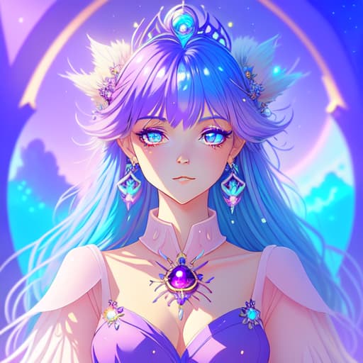 in OliDisco style beautiful anime girl. huge bobs. wearing a purple and pink crystal dress. princess of moonlight fantasy world. with blue hair and pink eyes. wearing a purple gemstone crown on he heard against .