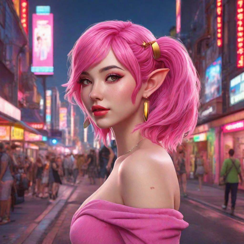  a girl with bright pink hair, she has elf ears, she has bright red eyes, bright red lips, she has large, rosy cheeks, she is wearing a pink off-shoulder top and a pink, and there is a neon city around her., cute, hyper detail, full HD hyperrealistic, full body, detailed clothing, highly detailed, cinematic lighting, stunningly beautiful, intricate, sharp focus, f/1. 8, 85mm, (centered image composition), (professionally color graded), ((bright soft diffused light)), volumetric fog, trending on instagram, trending on tumblr, HDR 4K, 8K