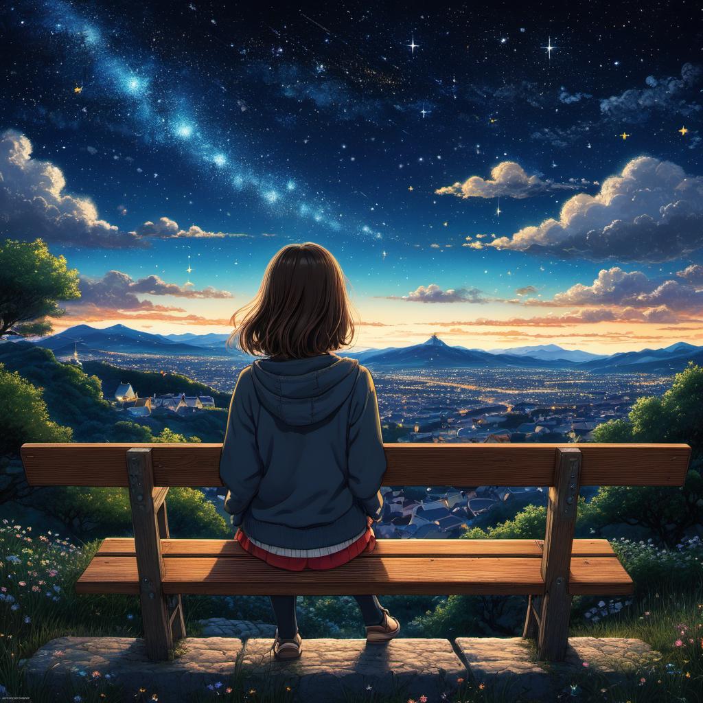  European girl, The view from behind, on the bench, starry sky, clouds, vivid, highly detailed, by Hayao Miyazaki, hand-drawn, Midnight, whimsical, (enchanting atmosphere:1.1), warm lighting , depth of field, Wacom Cintiq, Adobe Photoshop, 300 DPI, (hdr:1.2), dark perple shadows, teal and orange