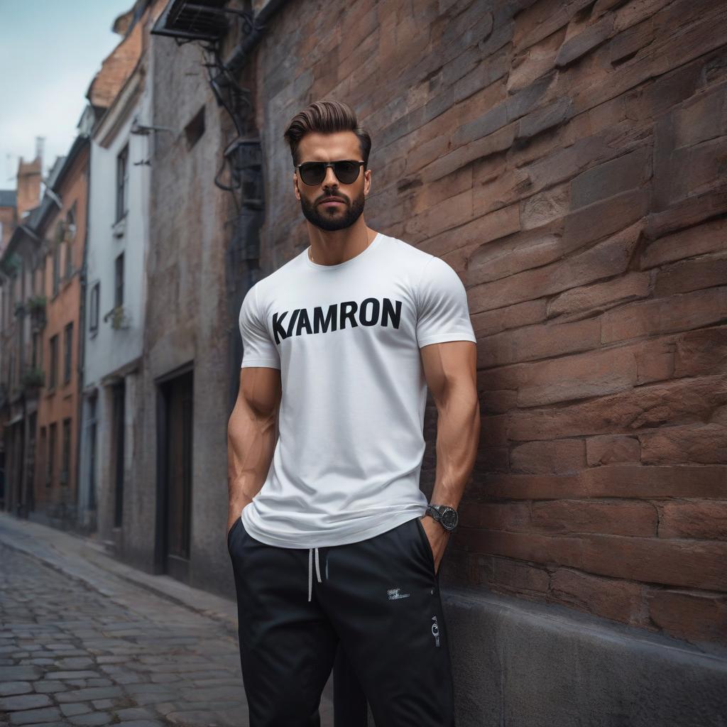  Cool guy with a T shirt that says "Kamron" on it. hyperrealistic, full body, detailed clothing, highly detailed, cinematic lighting, stunningly beautiful, intricate, sharp focus, f/1. 8, 85mm, (centered image composition), (professionally color graded), ((bright soft diffused light)), volumetric fog, trending on instagram, trending on tumblr, HDR 4K, 8K