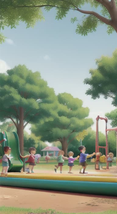  {Children playing in a sunny park with swings and slides., Same group of happy children, now wearing casual play clothes.