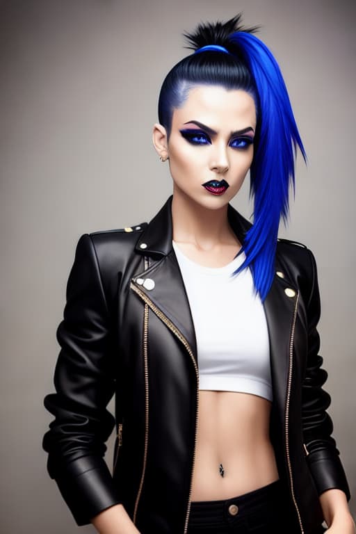 modelshoot style bad girl, black and blue hair, ponytail, gold eyes, angry face, cigarette in mouth, black jacket, white top