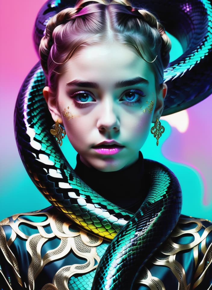 photo RAW, (Black, petrol, lilac and neon turquoise pink : Portrait of ghostly big black snake, woman, collar, shiny aura, highly detailed, gold filigree, intricate motifs, organic tracery, Kiernan Shipka, Januz Miralles, Hikari Shimoda, glowing stardust by W. Zelmer, perfect composition, smooth, sharp focus, sparkling particles, lively coral reef background Realistic, realism, hd, 35mm photograph, 8k), masterpiece, award winning photography, natural light, perfect composition, high detail, hyper realistic