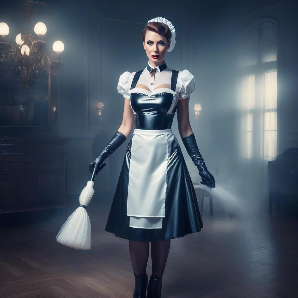  latex housemaid in gloves hyperrealistic, full body, detailed clothing, highly detailed, cinematic lighting, stunningly beautiful, intricate, sharp focus, f/1. 8, 85mm, (centered image composition), (professionally color graded), ((bright soft diffused light)), volumetric fog, trending on instagram, trending on tumblr, HDR 4K, 8K