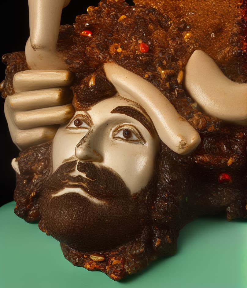  PHOTOGRAPH of a bright, Colorful and Shiny (((Meissen Porcelain HEAD OF HOLOFERNES))) with a (((GLITTERY BEARD))), TWO HANDS, FINGERS (((sculptural Porcelain hair))) looking at the viewer, on a black background, Stunning Masterpiece, Wide angle, 3:2 aspect radio, with perfect expression and facial structure, LARGE EYES, in the style of FRAGONARD, ultra sharp focus, 8k, big dark eyes, closed mouth, (((45 degree light))),  hyperrealistic, full body, detailed clothing, highly detailed, cinematic lighting, stunningly beautiful, intricate, sharp focus, f/1. 8, 85mm, (centered image composition), (professionally color graded), ((bright soft diffused light)), volumetric fog, trending on instagram, trending on tumblr, HDR 4K, 8K