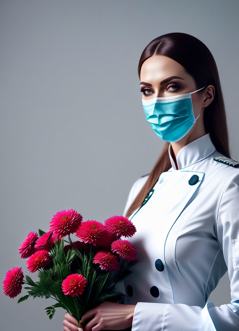  minimalist style Russian nurse in a mask with flowers . simple, clean, uncluttered, modern, elegant hyperrealistic, full body, detailed clothing, highly detailed, cinematic lighting, stunningly beautiful, intricate, sharp focus, f/1. 8, 85mm, (centered image composition), (professionally color graded), ((bright soft diffused light)), volumetric fog, trending on instagram, trending on tumblr, HDR 4K, 8K