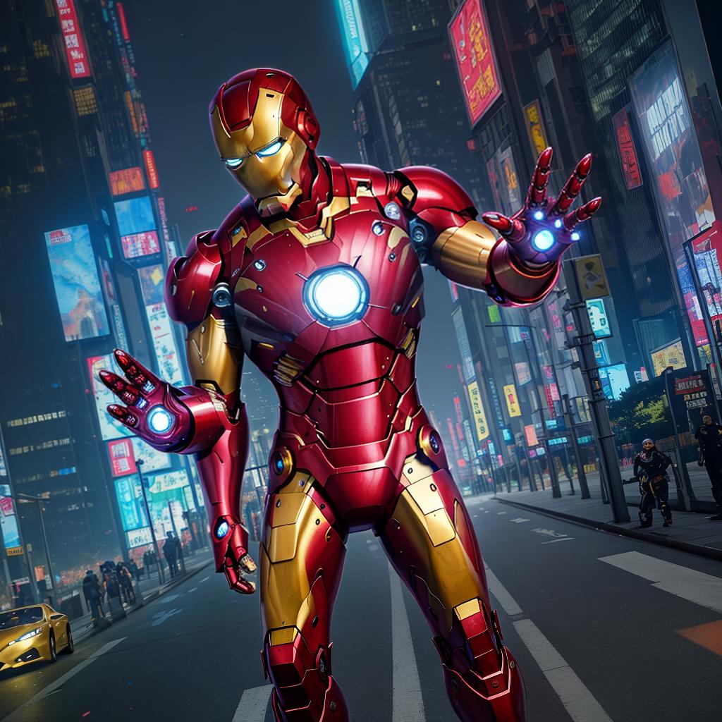  masterpiece, best quality, masterpiece, 8k resolution, realistic, highly detailed, Iron Man close-up. He stands on a street lined with tall buildings in a cyberpunk style city at night. The city's night lights are bright, and the surrounding buildings and streets are full of cyberpunk elements such as neon lights, high-tech equipment and futuristic architectural design.