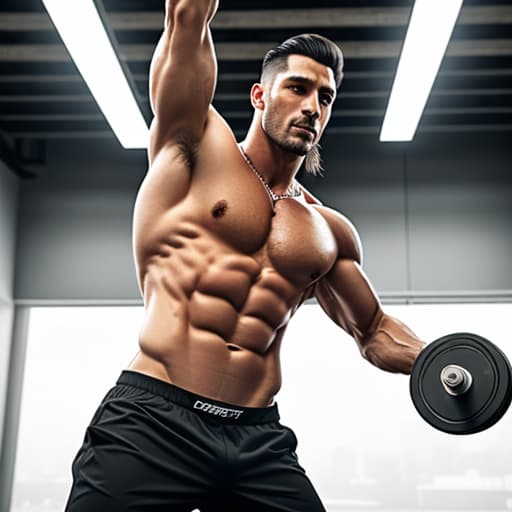  long black hair, black eyes, handsome man wearing opened black overshirt and black necklace, showing six packs and chest muscles, doing pull ups at the empty gym. hyperrealistic, full body, detailed clothing, highly detailed, cinematic lighting, stunningly beautiful, intricate, sharp focus, f/1. 8, 85mm, (centered image composition), (professionally color graded), ((bright soft diffused light)), volumetric fog, trending on instagram, trending on tumblr, HDR 4K, 8K