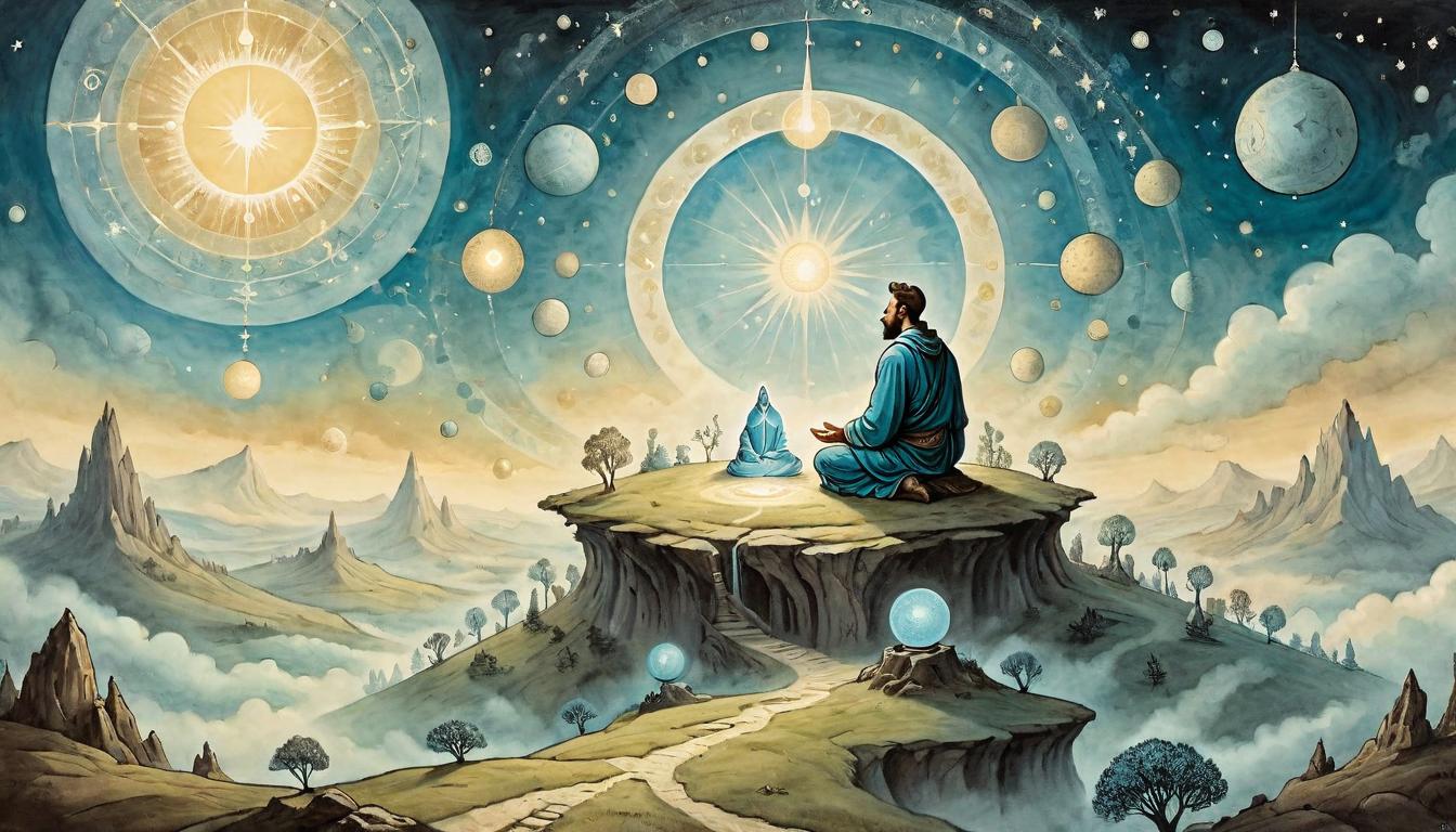  on parchment, surrealism+++, A figure meditating atop a hill, surrounded by celestial orbs, rays of understanding emanating, serene, elevated perspective(mysterious, provocative, symbolic,muted color)+++