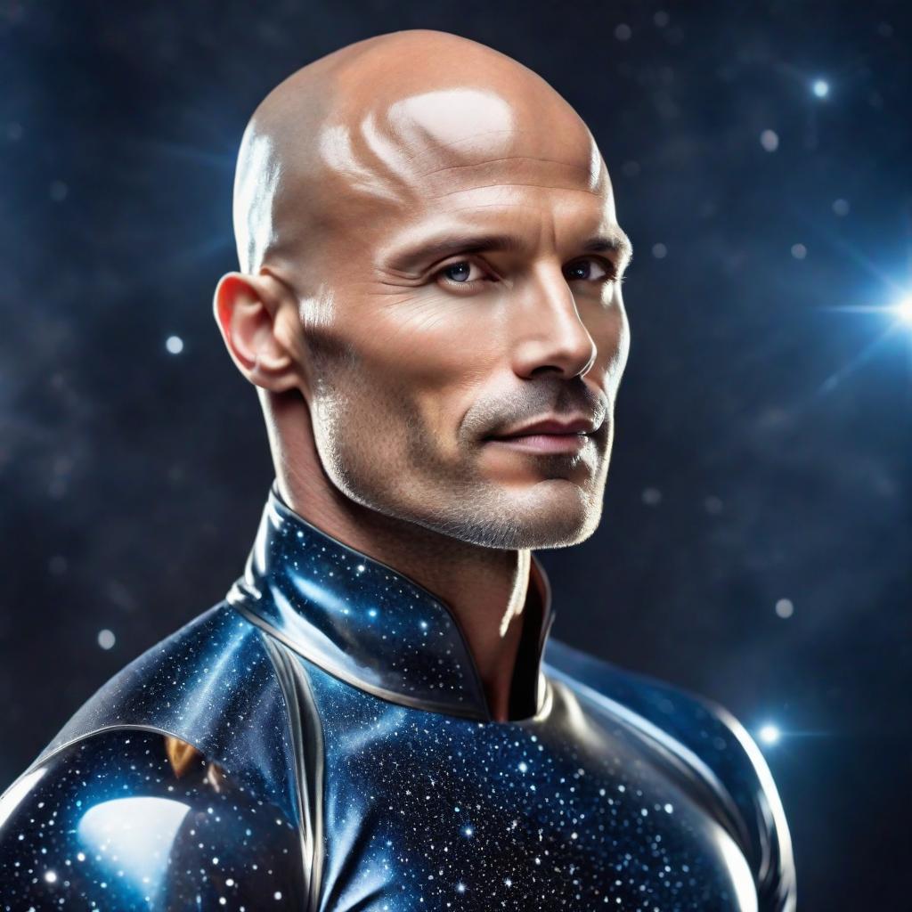  (((superior celestial bald man))), posing chad, sharp jawline, shiny galaxy skin, confident pose,  shimmering light