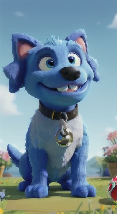  {Max carefully picking up the ball with his teeth without disturbing the flowers, The big blue dog is large with sky blue fur, big round eyes, a black nose, and floppy ears.