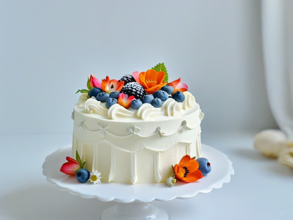  A highresolution, minimalist image of a beautifully decorated cake on a simple white cake stand, showcasing intricate piping details and delicate fondant decorations in soft pastel colors. The cake is surrounded by a few scattered edible flowers and berries, all set against a clean, uncluttered background to emphasize the elegance and artistry of the dessert. hyperrealistic, full body, detailed clothing, highly detailed, cinematic lighting, stunningly beautiful, intricate, sharp focus, f/1. 8, 85mm, (centered image composition), (professionally color graded), ((bright soft diffused light)), volumetric fog, trending on instagram, trending on tumblr, HDR 4K, 8K