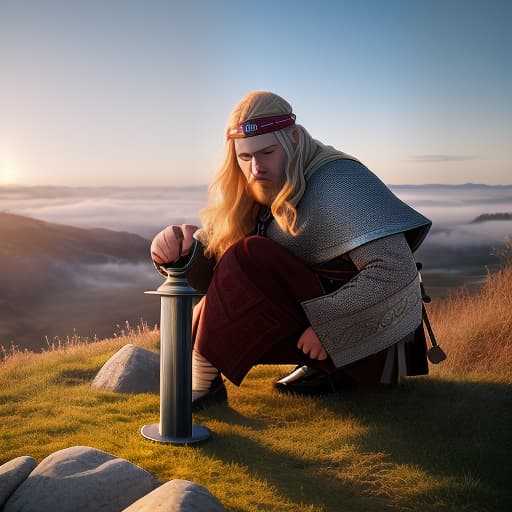  a viking 6"3, 300 pounds, a sword and a loincloth head band with a stone in the center. long blonde hair, putside of a castle eith a sunset. a romantic situation with a red head woman, hyperrealistic, high quality, highly detailed, cinematic lighting, intricate, sharp focus, f/1. 8, 85mm, (centered image composition), (professionally color graded), ((bright soft diffused light)), volumetric fog, trending on instagram, HDR 4K, 8K