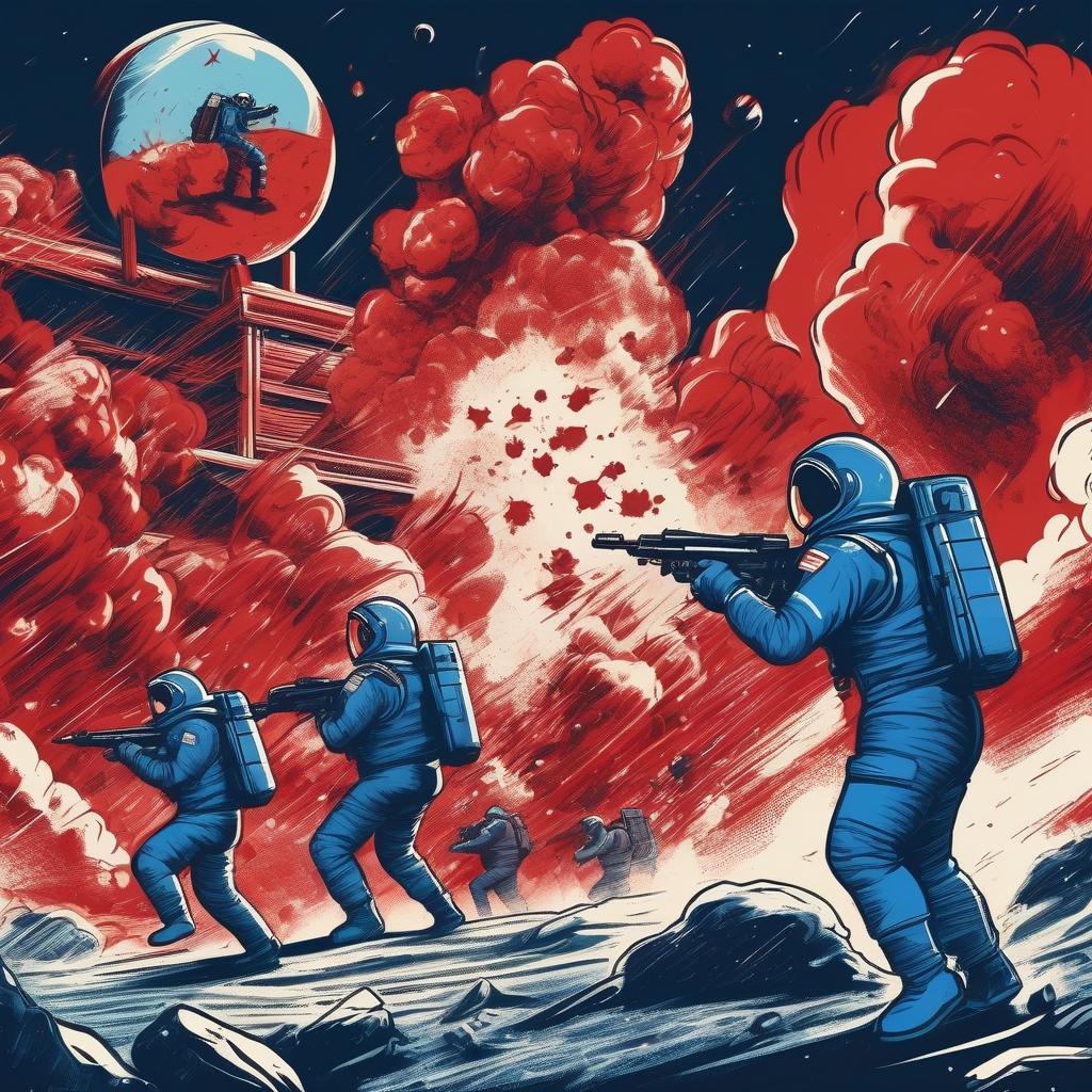  Astronauts in Blue Suits Shoot at Astronauts in Red Suits. World War I. Fascists vs. Communists. Battlefield, trenches, and explosions. Art style.