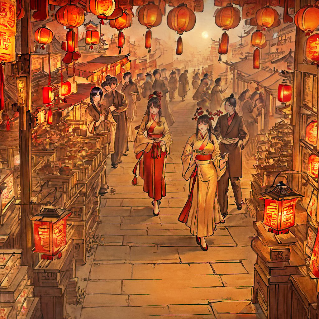  ((Masterpiece)), (((best quality))), 8k, high detailed, ultra-detailed. A group of girls walking in the old streets of Beijing with vibrant lanterns hanging above their heads. The girls are wearing traditional Chinese dresses and are laughing joyfully. (Traditional architecture) with intricate carvings can be seen in the background, while (red Chinese lanterns) illuminate the scene. The streets are bustling with (local vendors selling street food), and the air is filled with the aroma of (steaming dumplings). The soft glow of (golden sunset) casts a warm and nostalgic light on the scene. hyperrealistic, full body, detailed clothing, highly detailed, cinematic lighting, stunningly beautiful, intricate, sharp focus, f/1. 8, 85mm, (centered image composition), (professionally color graded), ((bright soft diffused light)), volumetric fog, trending on instagram, trending on tumblr, HDR 4K, 8K
