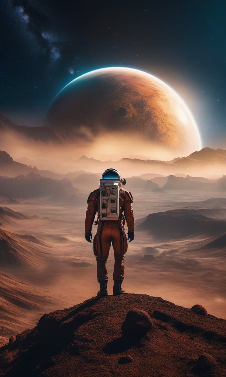  A man walks across a planet against the backdrop of a starry sky in an action style. hyperrealistic, full body, detailed clothing, highly detailed, cinematic lighting, stunningly beautiful, intricate, sharp focus, f/1. 8, 85mm, (centered image composition), (professionally color graded), ((bright soft diffused light)), volumetric fog, trending on instagram, trending on tumblr, HDR 4K, 8K