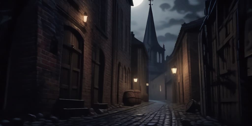  anime 4k. cinematic hd. dimly lit, narrow alley with glistening cobblestone floor, shadowy corners, surrounded by tall brick walls, peeling posters on the walls, visible moonlight filtering through an overcast sky, discarded crates and barrels stacked randomly, distant silhouette of a church