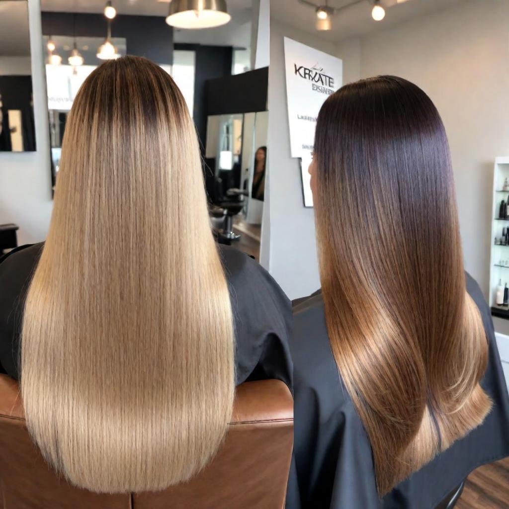  Instagram Reel showcasing the application of Great Lengths keratin bonds on a person's head. The setting should be a professional salon, with a stylist attentively applying the keratin bonds. The subject's hair should exhibit a before and after transformation, showing the added volume and length provided by the bonds. Make sure the lighting is bright and flattering, and the overall atmosphere looks inviting to the viewer. hyperrealistic, full body, detailed clothing, highly detailed, cinematic lighting, stunningly beautiful, intricate, sharp focus, f/1. 8, 85mm, (centered image composition), (professionally color graded), ((bright soft diffused light)), volumetric fog, trending on instagram, trending on tumblr, HDR 4K, 8K