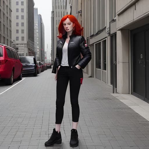  Woman with red hair and a black jacket is standing in a city. full body view