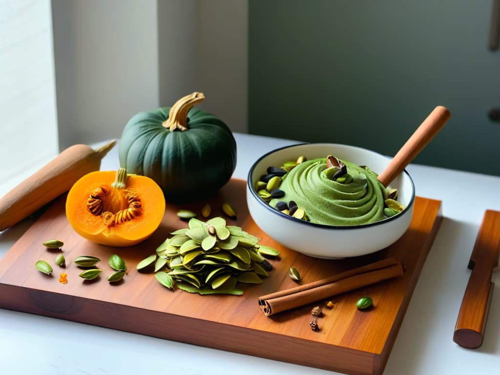  An ultradetailed image of a sleek, modern kitchen countertop with a wooden cutting board displaying a variety of traditional dessert ingredients like cinnamon sticks, whole vanilla beans, and a scattering of vibrant green pumpkin seeds. The soft natural light filtering through a nearby window casts gentle shadows, highlighting the textures of the ingredients and creating a serene, inviting atmosphere perfect for culinary exploration. hyperrealistic, full body, detailed clothing, highly detailed, cinematic lighting, stunningly beautiful, intricate, sharp focus, f/1. 8, 85mm, (centered image composition), (professionally color graded), ((bright soft diffused light)), volumetric fog, trending on instagram, trending on tumblr, HDR 4K, 8K